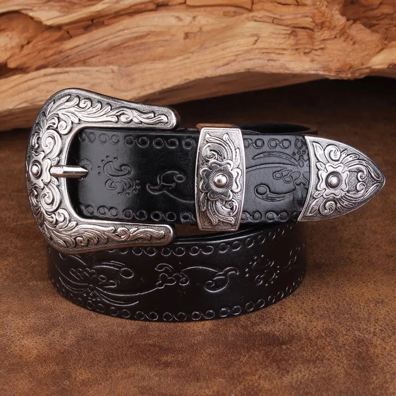 Men's Western Belt – Engraved Floral Buckle Embossed Strap Casual