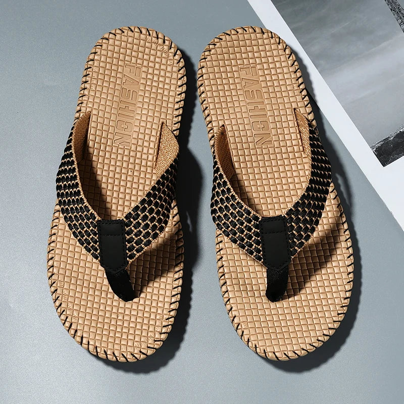 Men's Woven Toe Post Flip Flops – Open Toe Flat Strap Beach Sandals