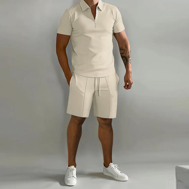 Men's Zip Polo 2 Piece Set – Short Sleeve Drawstring Shorts Casual