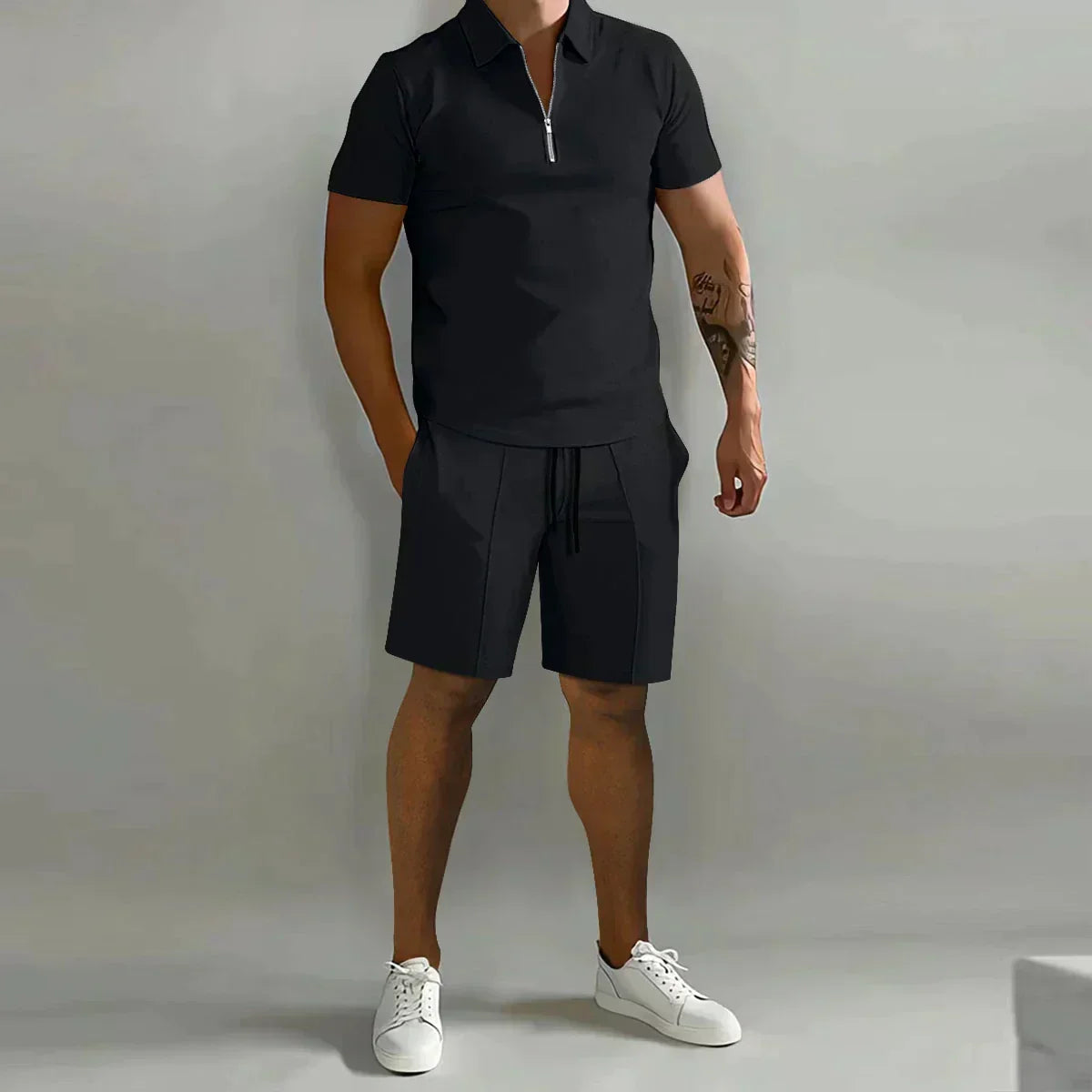 Men's Zip Polo 2 Piece Set – Short Sleeve Drawstring Shorts Casual