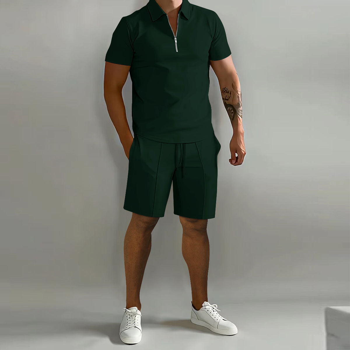 Men's Zip Polo 2 Piece Set – Short Sleeve Drawstring Shorts Casual