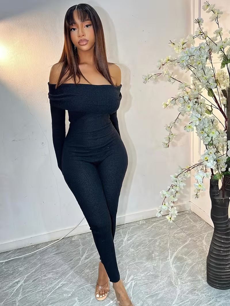 Women's Ribbed Off Shoulder Jumpsuit – Long Sleeve Bodycon Full Length