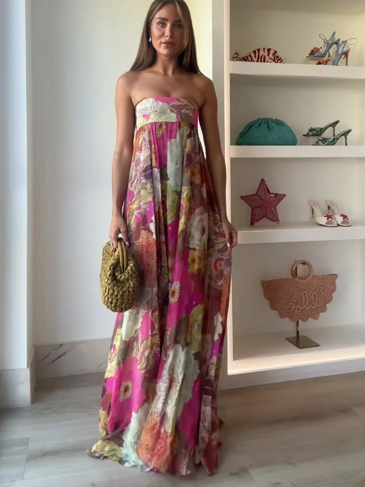Women's Strapless Floral Maxi – Empire Waist Gathered Wedding Guest Dress