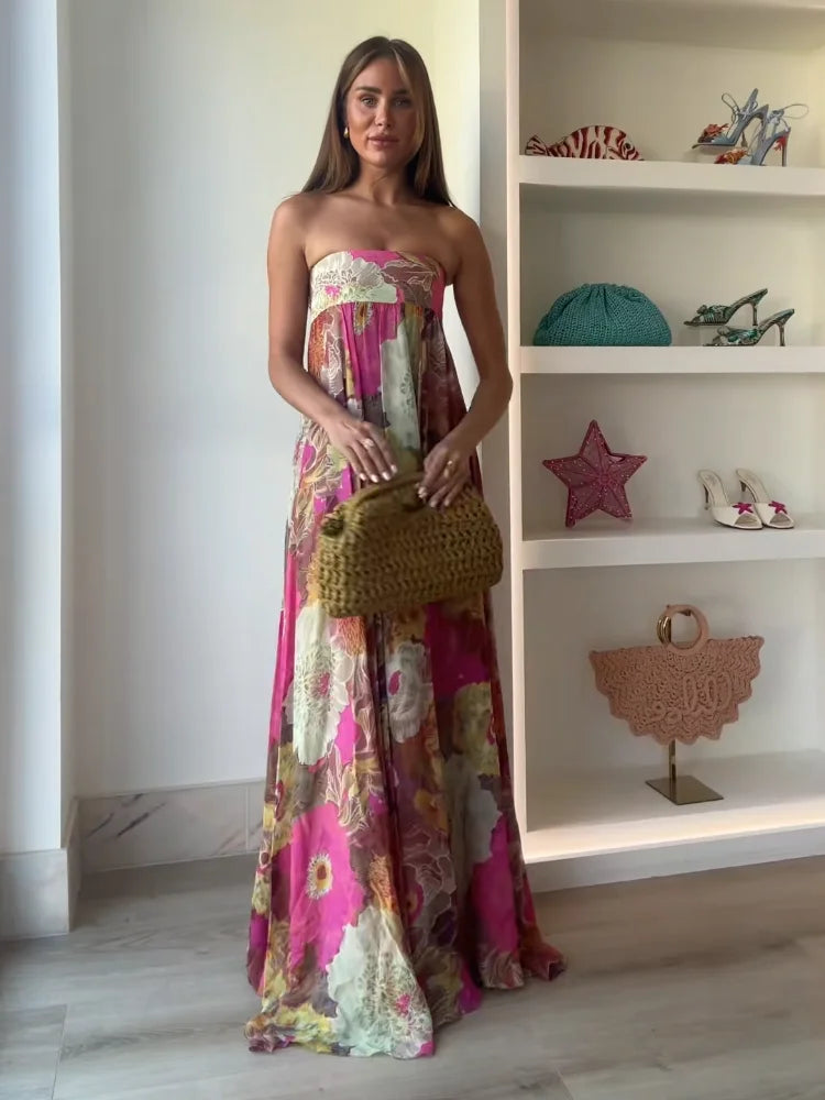 Women's Strapless Floral Maxi – Empire Waist Gathered Wedding Guest Dress