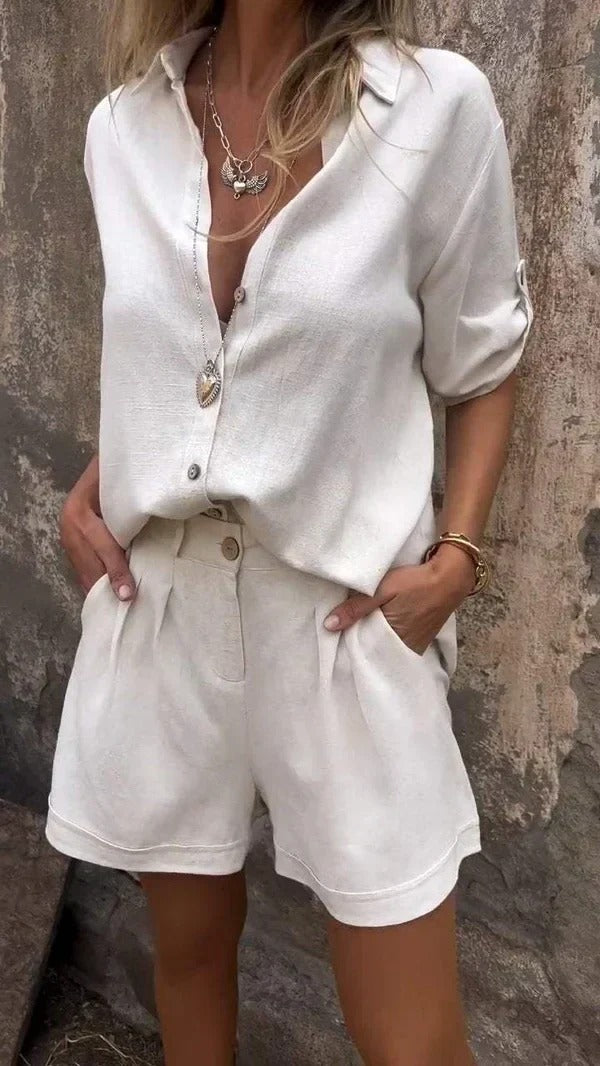 Women's 2 Piece Set – Button Front Shirt Collared Roll Sleeve Shorts Summer