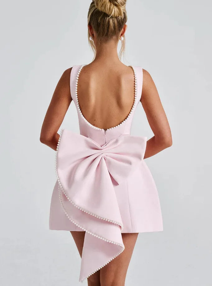 Women's A-Line Mini Dress – Pearl Trim Bateau Neck Sleeveless Wedding Guest