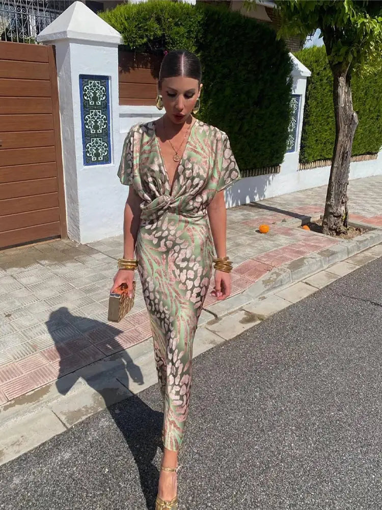 Women's Abstract Print Maxi – Twist Front Deep V Neck Wedding Guest Dress
