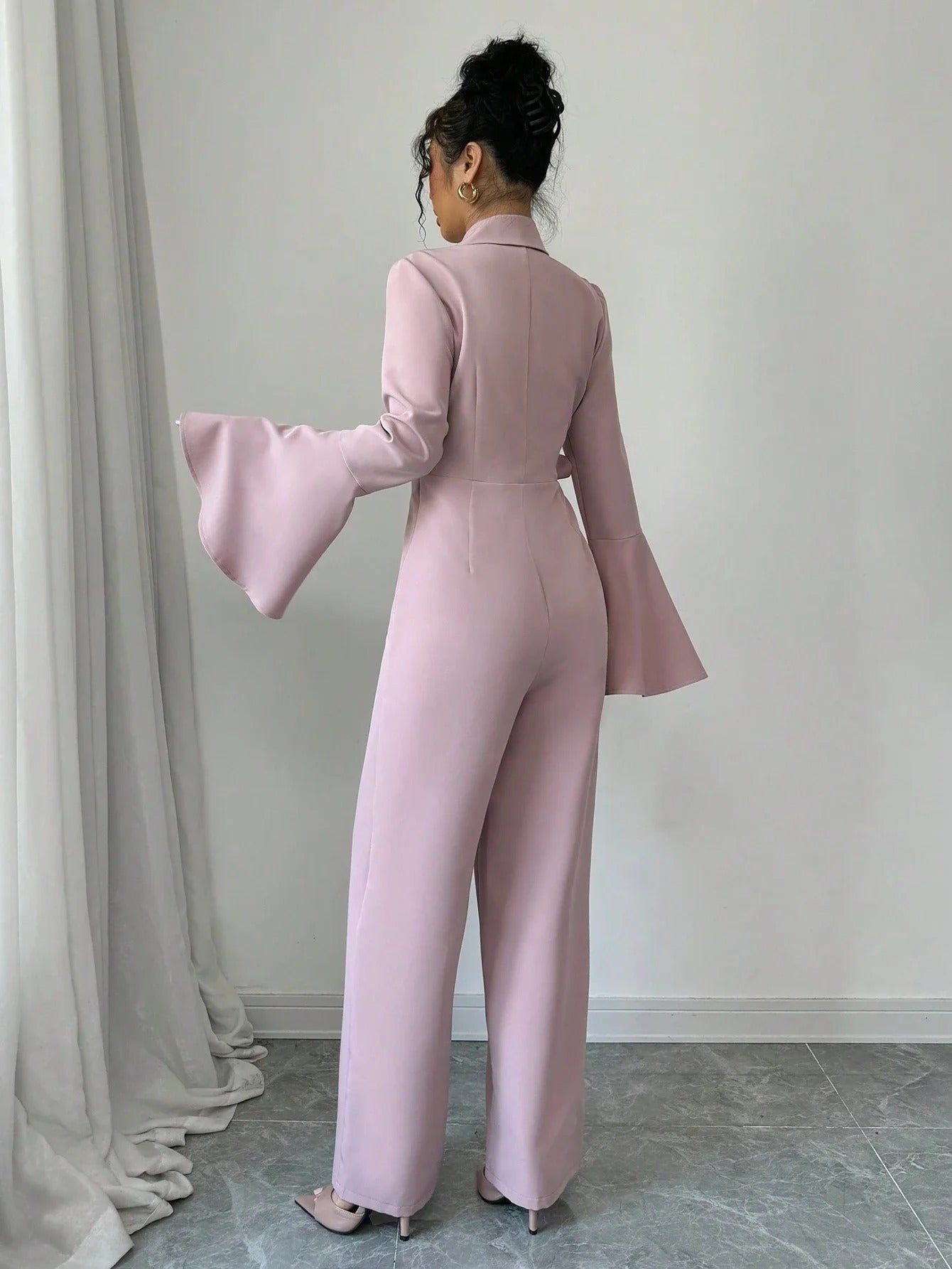 Women's Blazer Wrap Jumpsuit – Flare Sleeve Belted Wide Leg Work Party