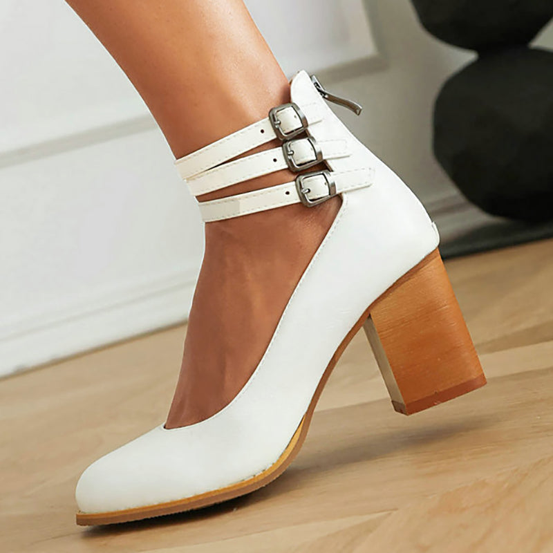 Women's Block Heels – Triple Buckle Ankle Strap Round Toe Office Party