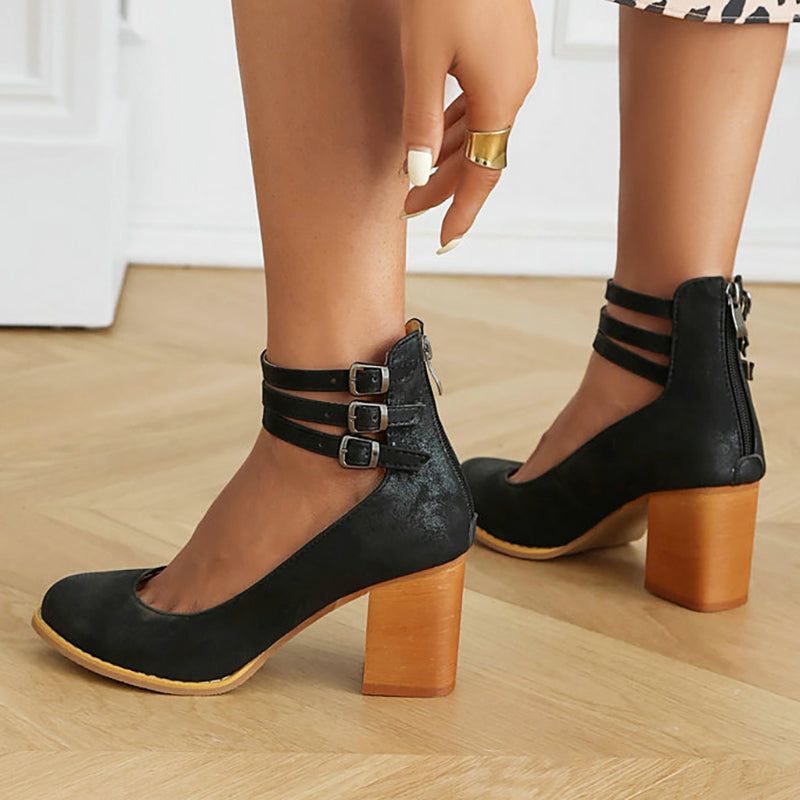 Women's Block Heels – Triple Buckle Ankle Strap Round Toe Office Party