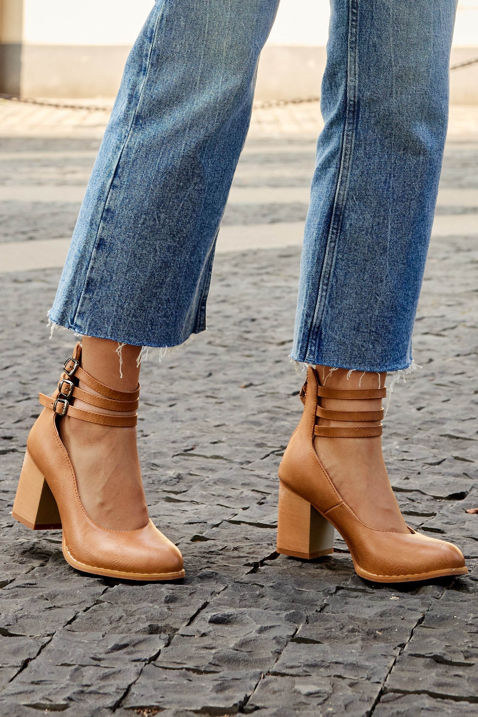 Women's Block Heels – Triple Buckle Ankle Strap Round Toe Office Party