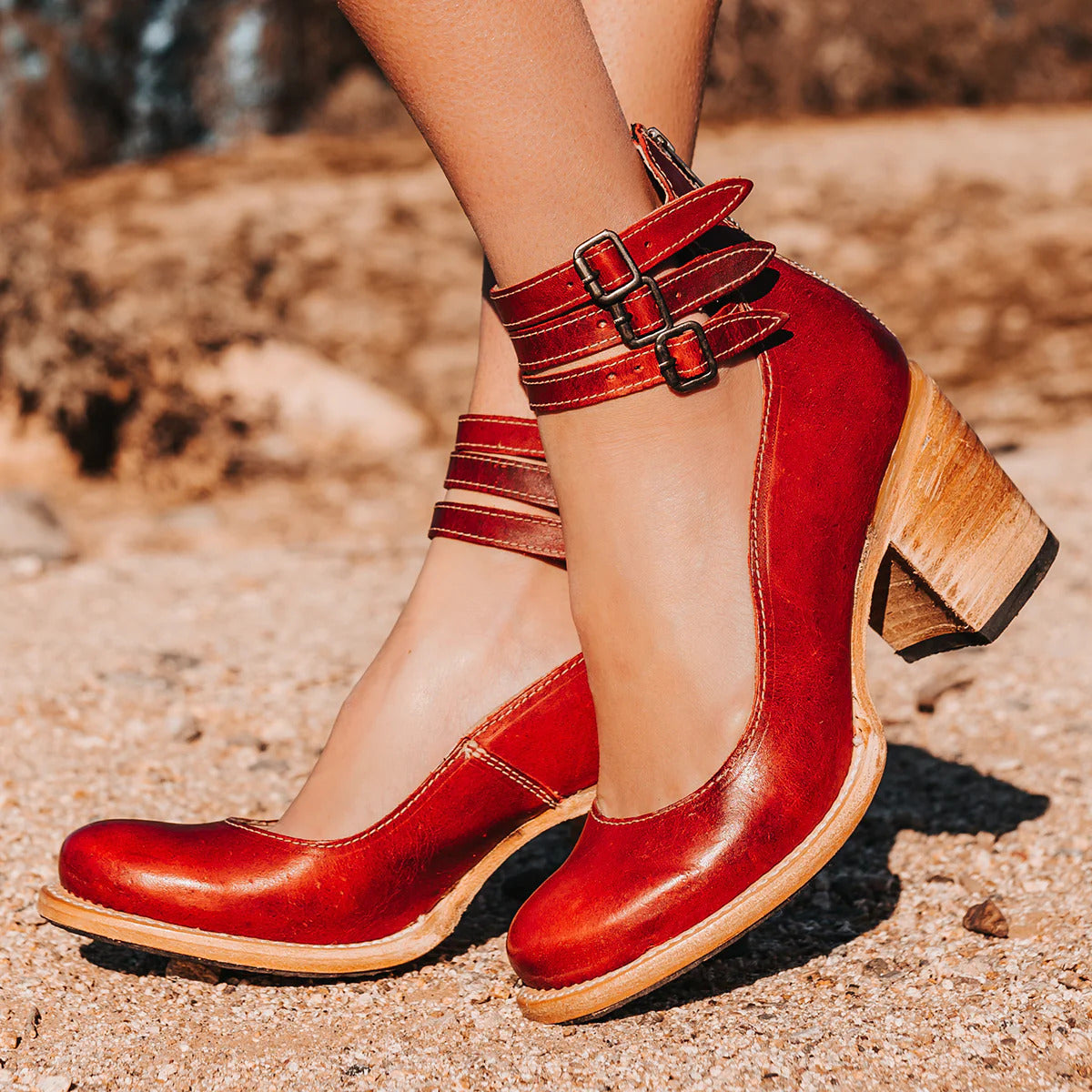 Women's Boho Ankle Boots – Double Buckle Strap Stacked Block Heel Closed Toe