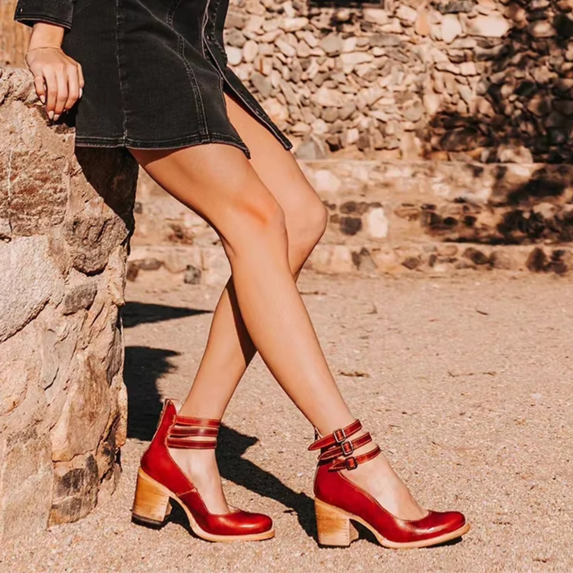 Women's Boho Ankle Boots – Double Buckle Strap Stacked Block Heel Closed Toe