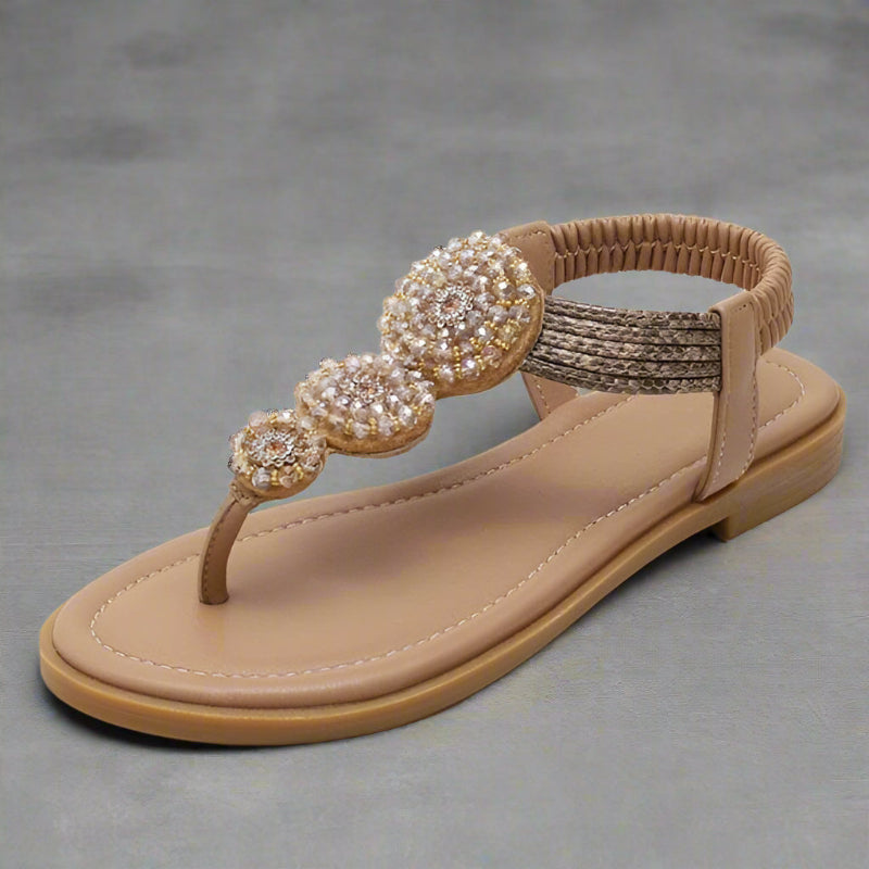 Women's Boho Beaded T-Strap Flat Sandals – Medallion Toe Post Summer Beach
