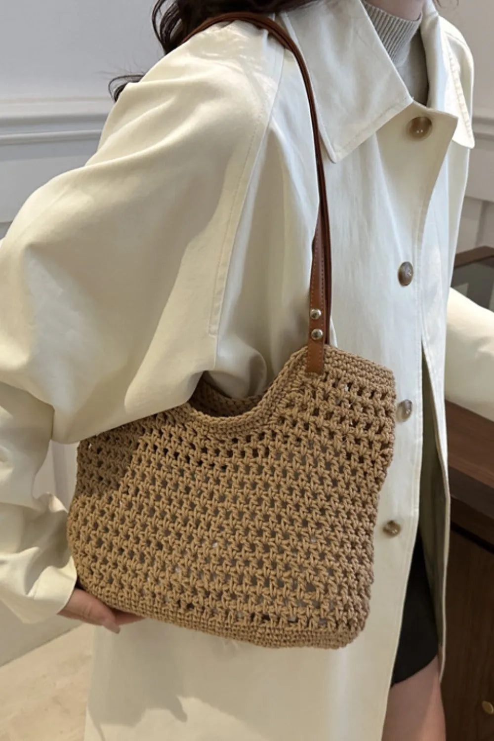 Women's Boho Crochet Knit Tote – Open Weave Contrast Strap Summer Beach