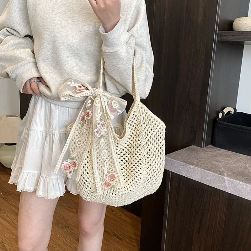 Women's Boho Crochet Tote Bag – Floral Embroidered Lace Bow Handle Summer