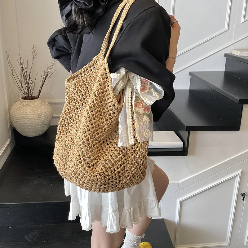 Women's Boho Crochet Tote Bag – Floral Embroidered Lace Bow Handle Summer