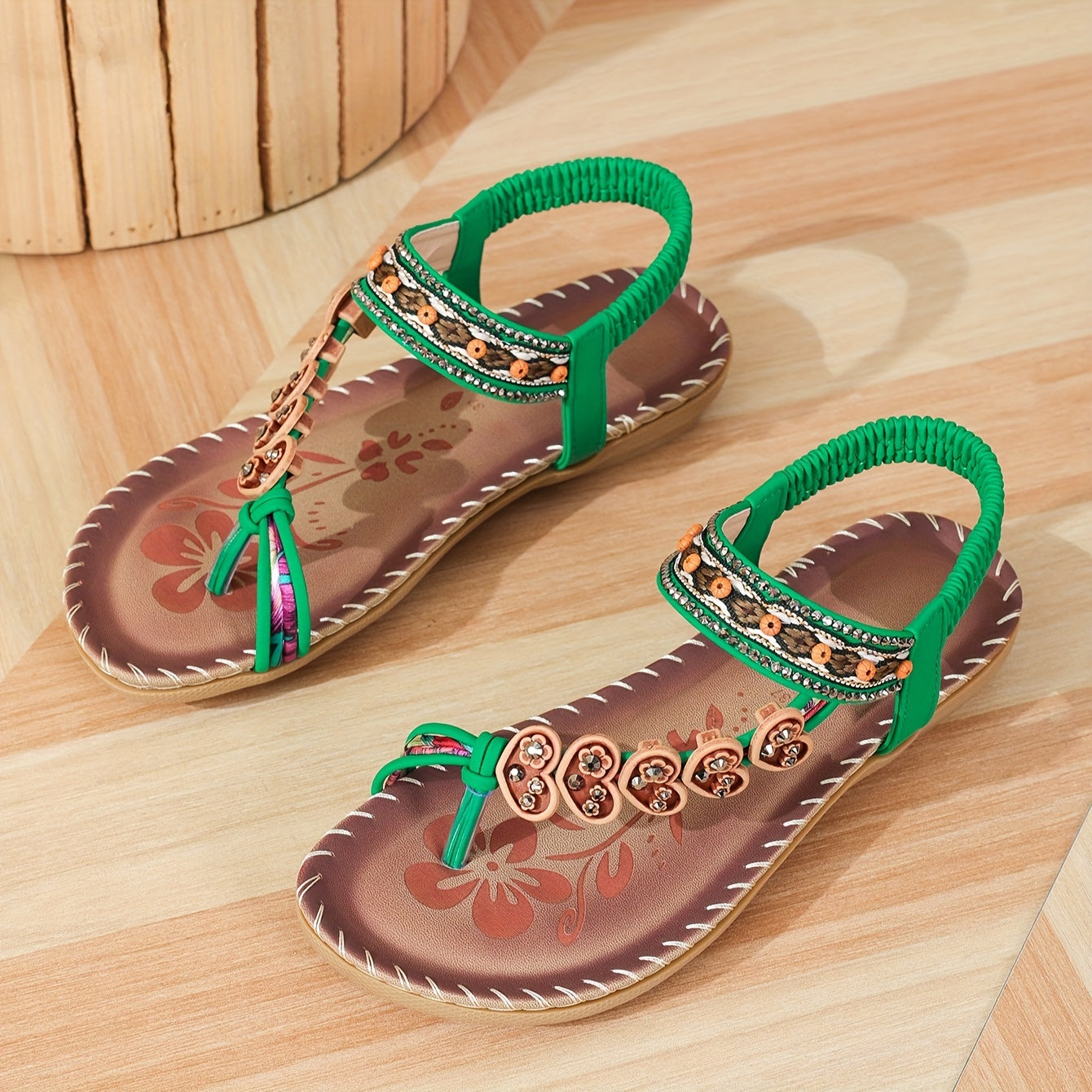 Women's Boho Embellished Flat Sandals – Toe Post Rhinestone Beaded Summer Beach