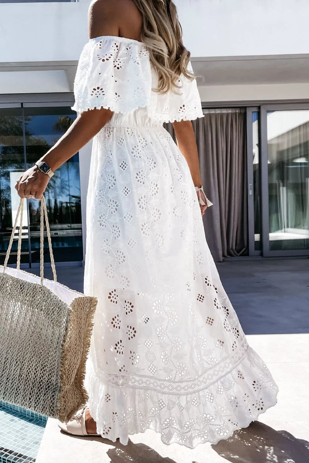 Women's Boho Eyelet Maxi – Off Shoulder Ruffle Tiered Scallop Summer Dress