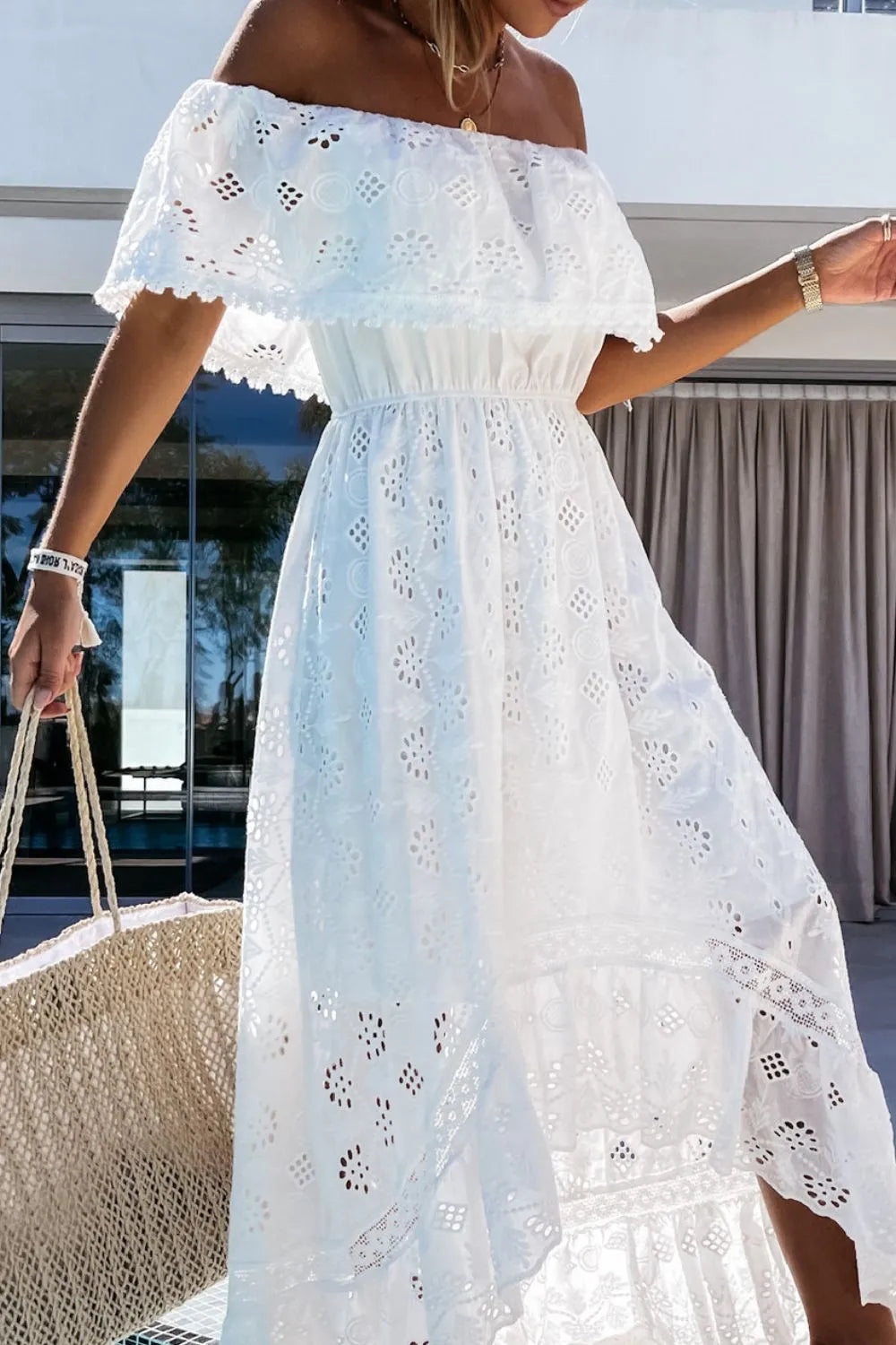Women's Boho Eyelet Maxi – Off Shoulder Ruffle Tiered Scallop Summer Dress