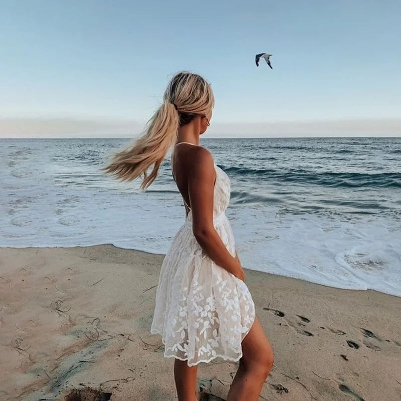 Women's Boho Floral Lace Mini Dress – V Neck Spaghetti Strap Beach Summer