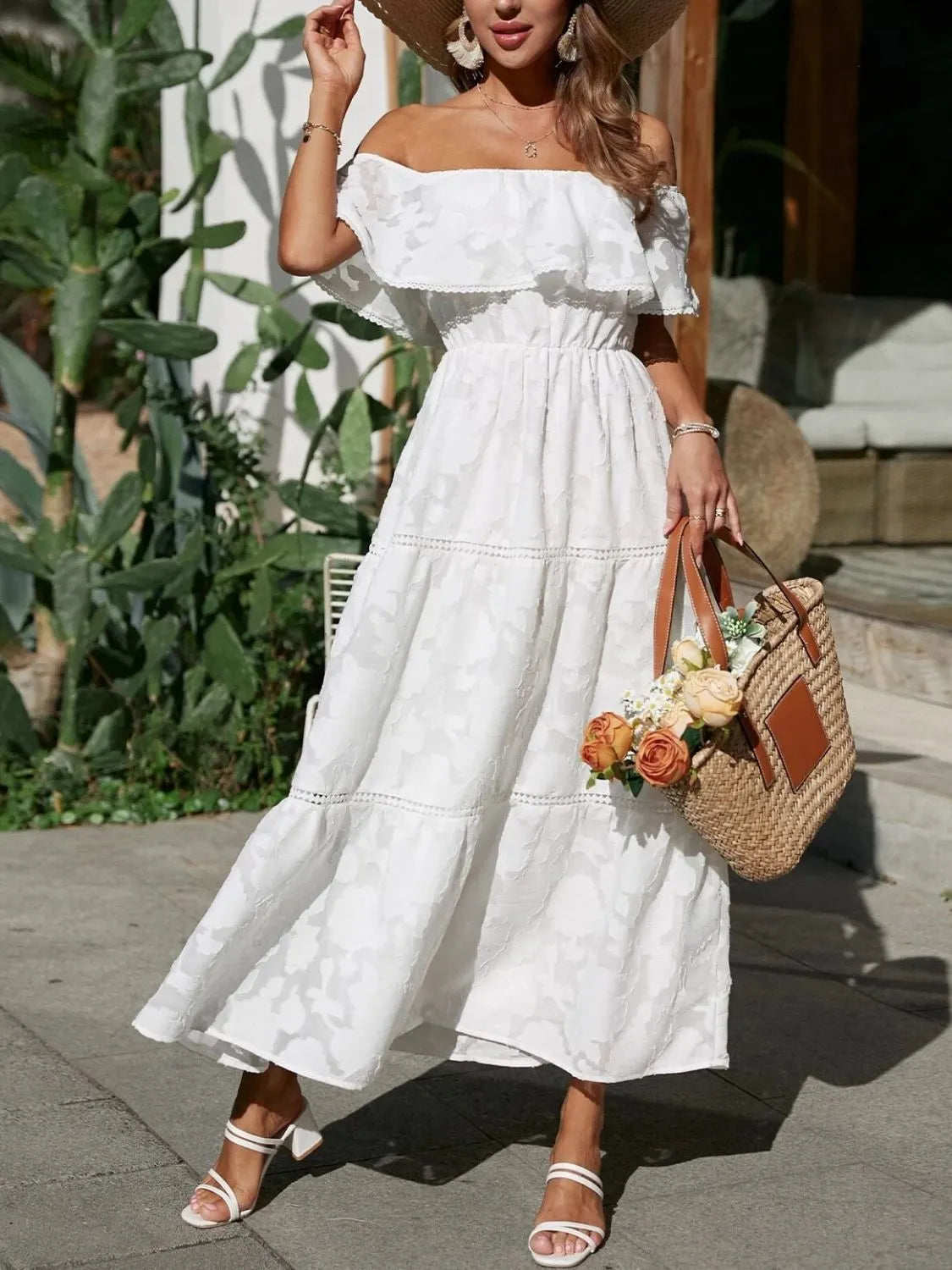 Women's Boho Jacquard Midi – Off Shoulder Ruffle Tiered Lace Trim Dress