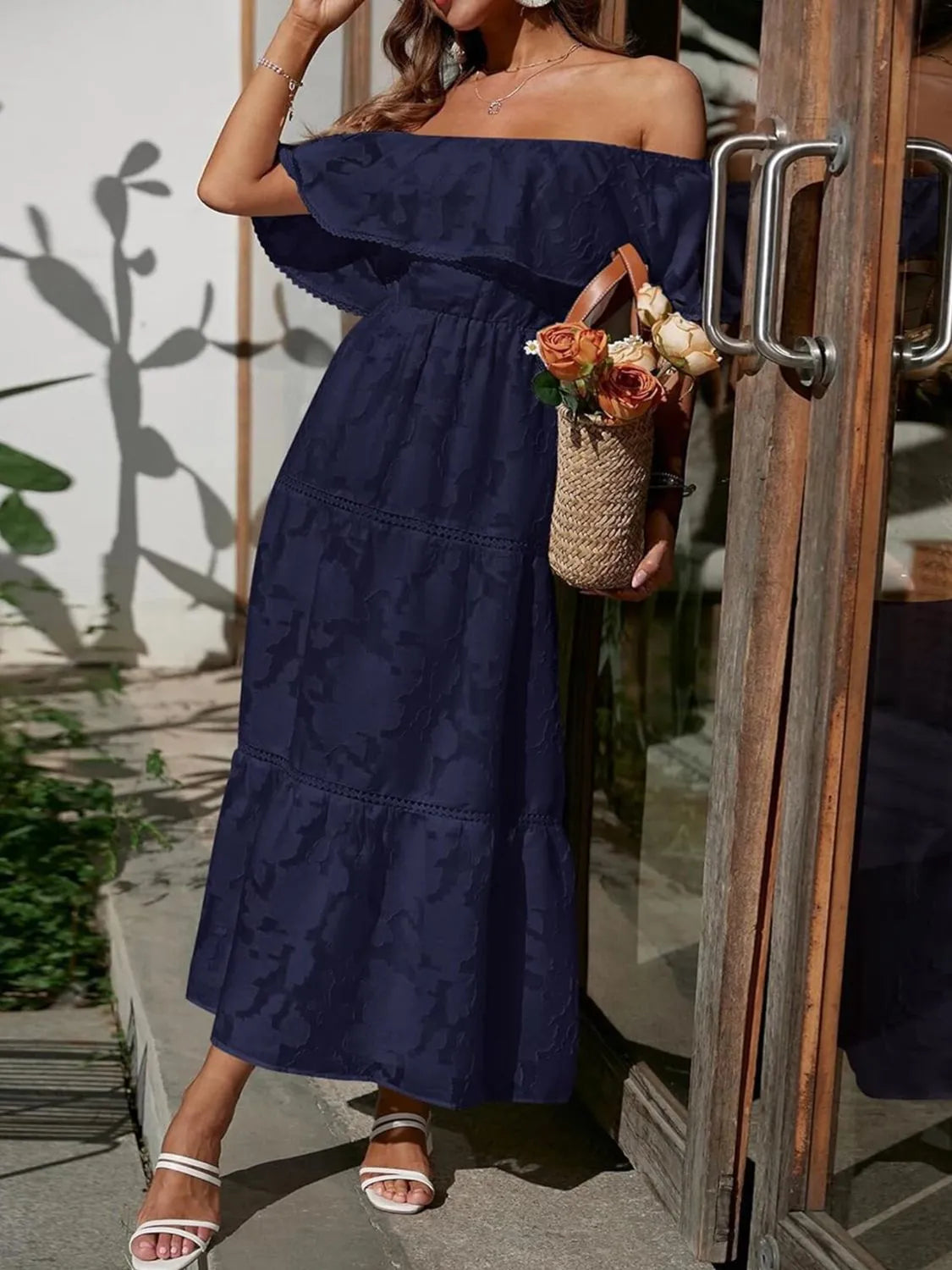Women's Boho Jacquard Midi – Off Shoulder Ruffle Tiered Lace Trim Dress
