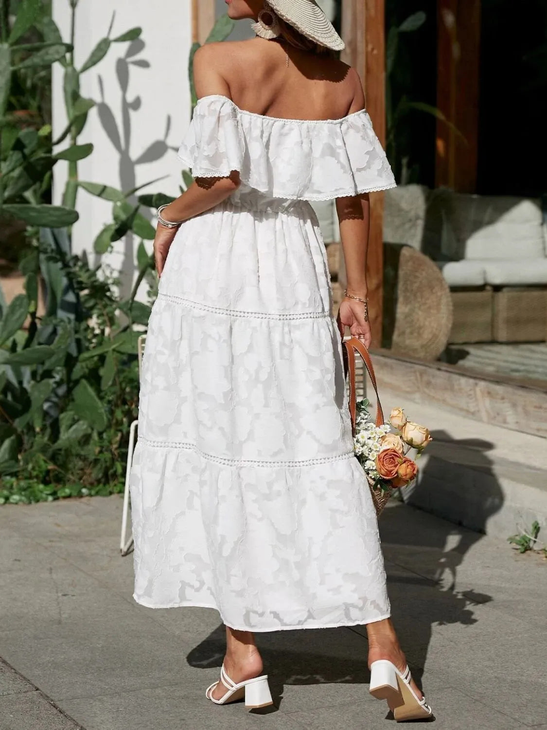 Women's Boho Jacquard Midi – Off Shoulder Ruffle Tiered Lace Trim Dress