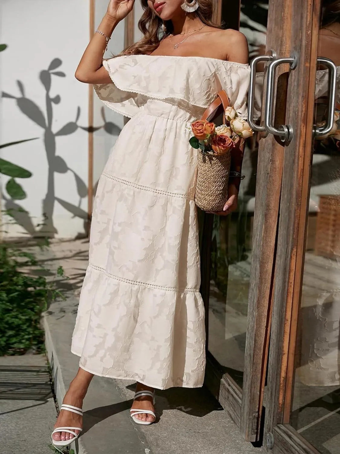 Women's Boho Jacquard Midi – Off Shoulder Ruffle Tiered Lace Trim Dress