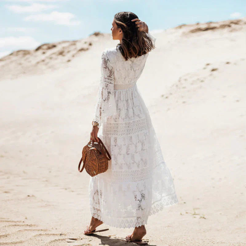 Women's Boho Lace Maxi – V Neck Long Sleeve Tiered Beach Wedding Guest Dress