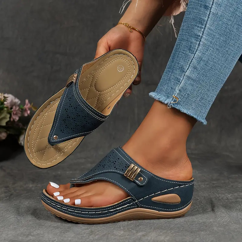Women's Boho Laser Cut Thong Wedge Sandals – Buckle Strap Platform Summer