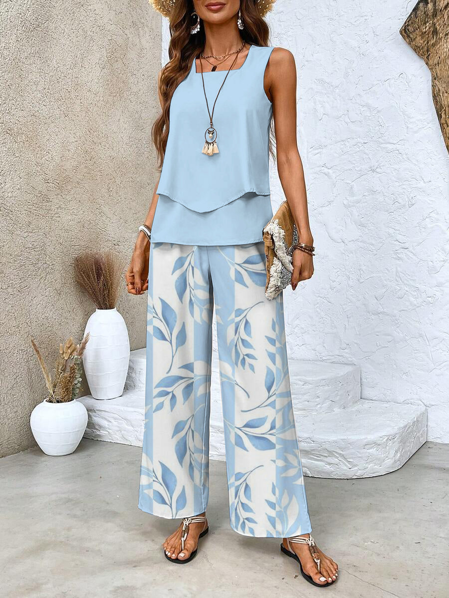 Women's Boho Leaf Print Tank Top and Wide Leg Pants – Layered Hem 2 Piece Set