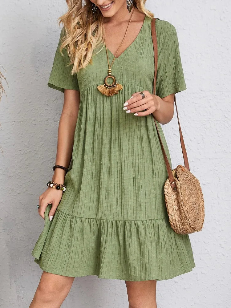 Women's Boho Mini Dress – V Neck Short Sleeve Crinkle Ruffle Hem Summer Casual