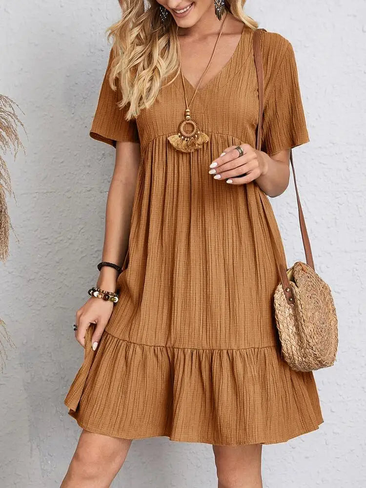 Women's Boho Mini Dress – V Neck Short Sleeve Crinkle Ruffle Hem Summer Casual