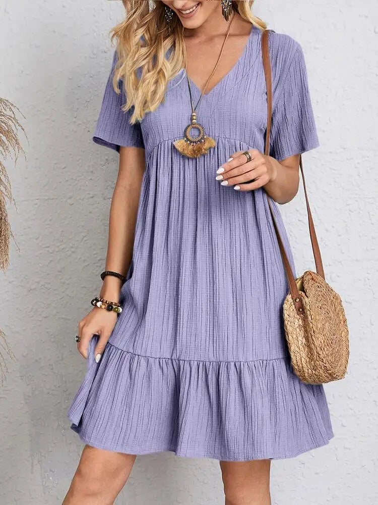 Women's Boho Mini Dress – V Neck Short Sleeve Crinkle Ruffle Hem Summer Casual
