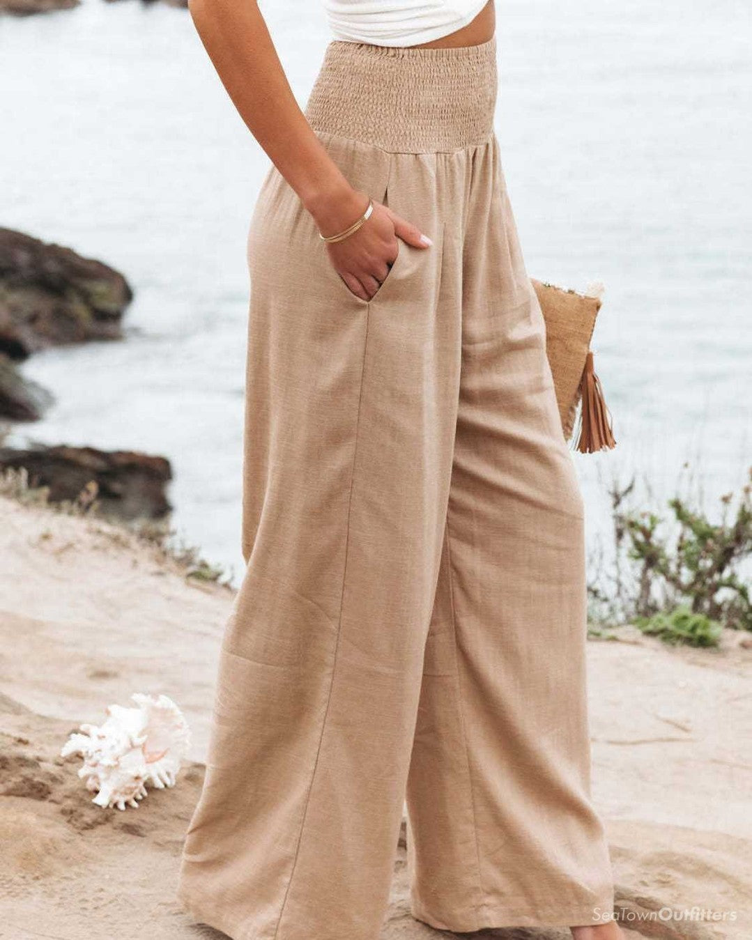 Women's Boho Smocked High Waist Wide Leg Pants – Pleated Beach Vacation