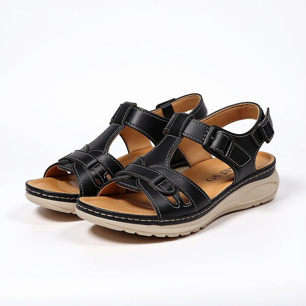 Women's Boho Solid Sandals – Open Toe Woven Strap Hook Loop Summer Flat