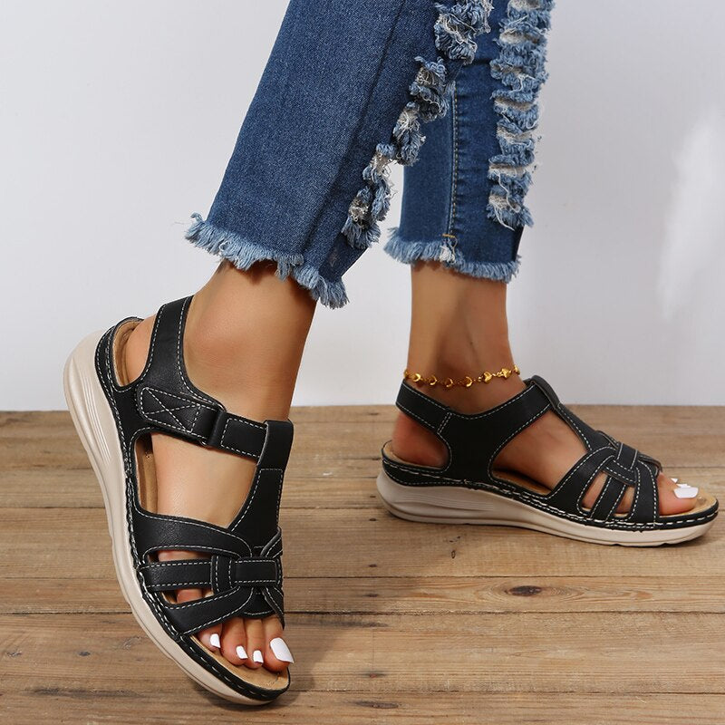 Women's Boho Solid Sandals – Open Toe Woven Strap Hook Loop Summer Flat