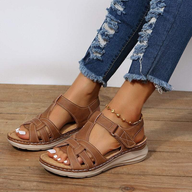 Women's Boho Solid Sandals – Open Toe Woven Strap Hook Loop Summer Flat