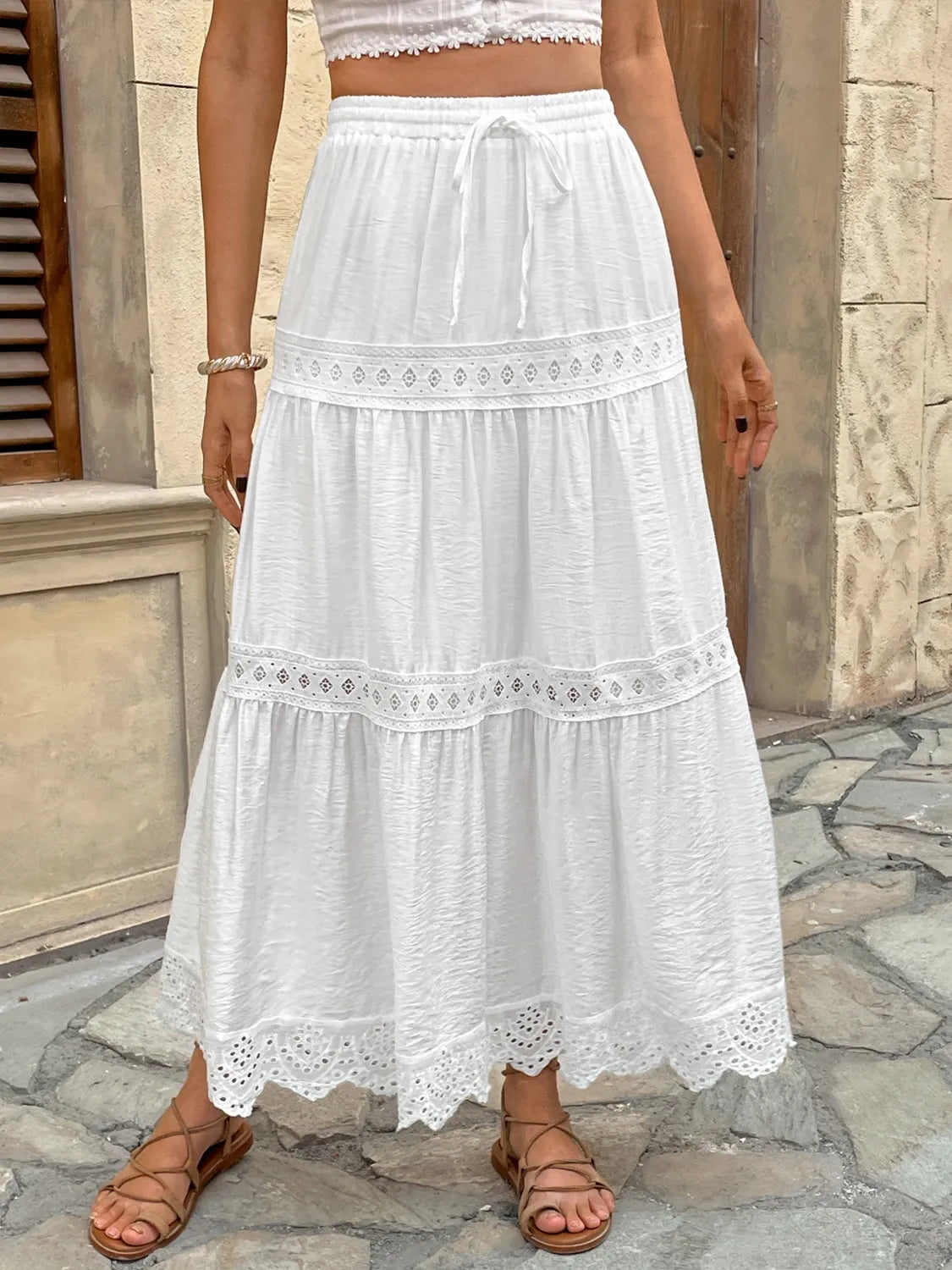 Women's Boho Tiered Maxi Skirt – Lace Trim Drawstring Waist Summer