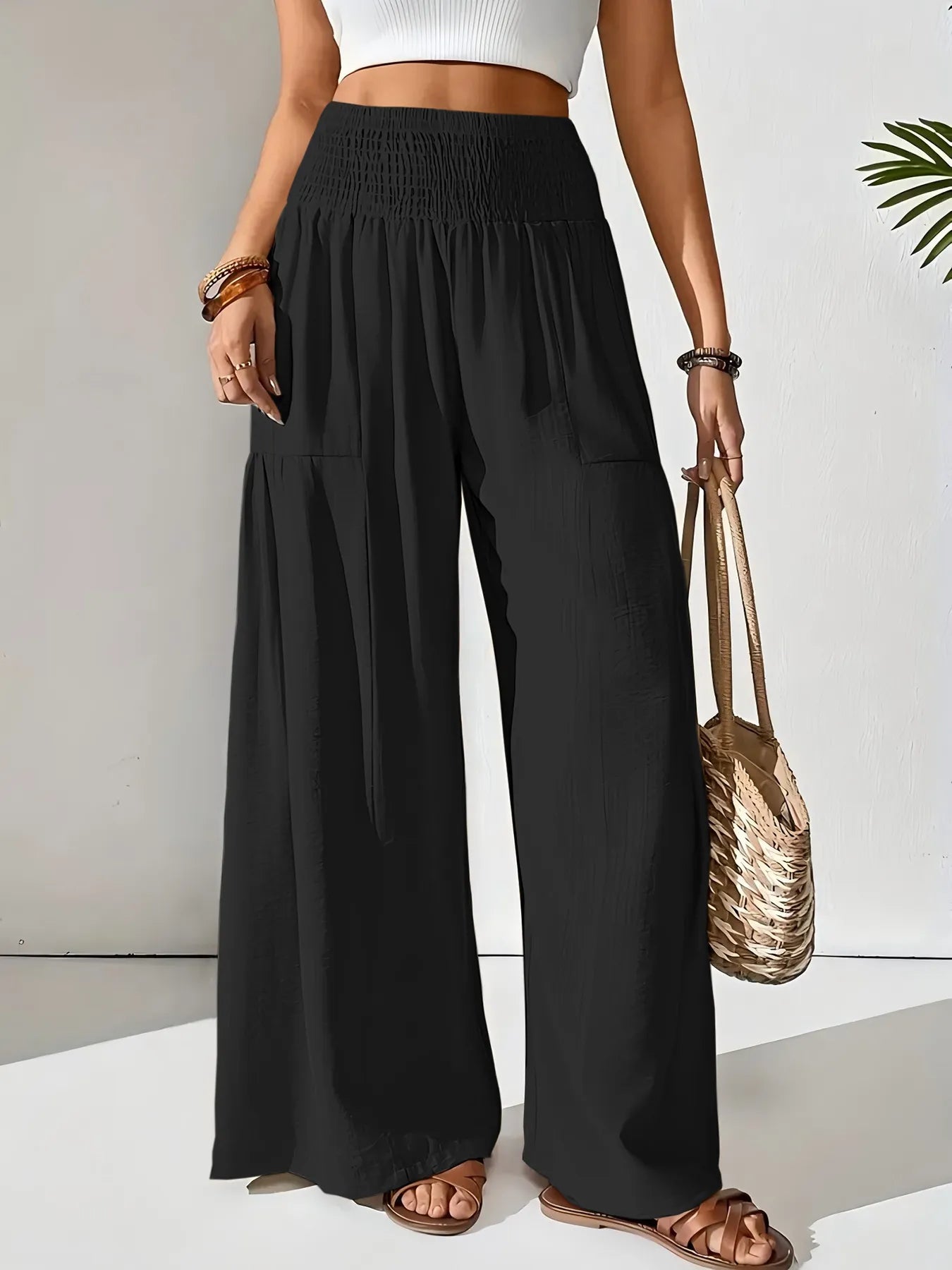Women's Boho Wide Leg Pants – Smocked High Waist Pocket Summer Lounge