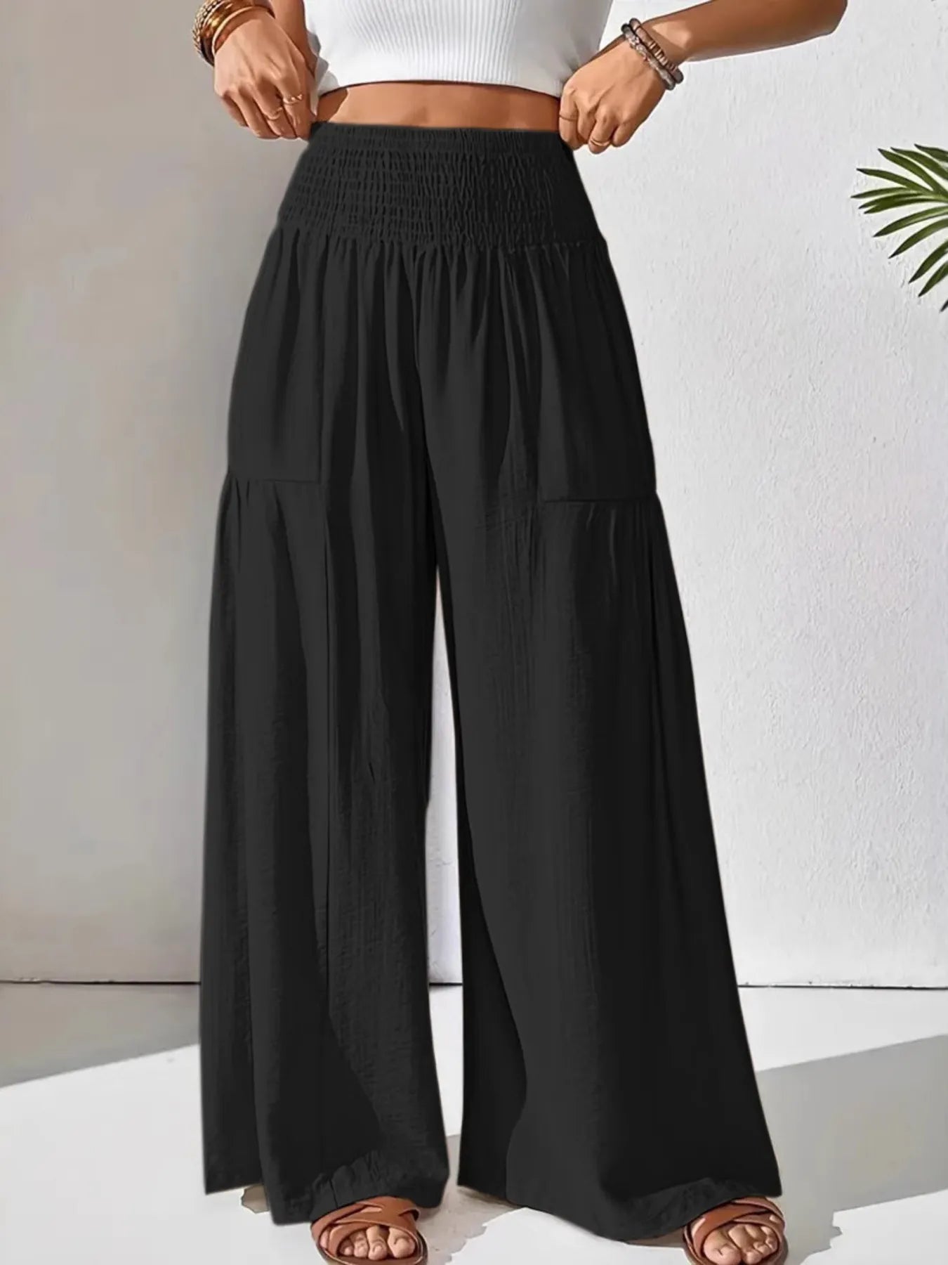 Women's Boho Wide Leg Pants – Smocked High Waist Pocket Summer Lounge