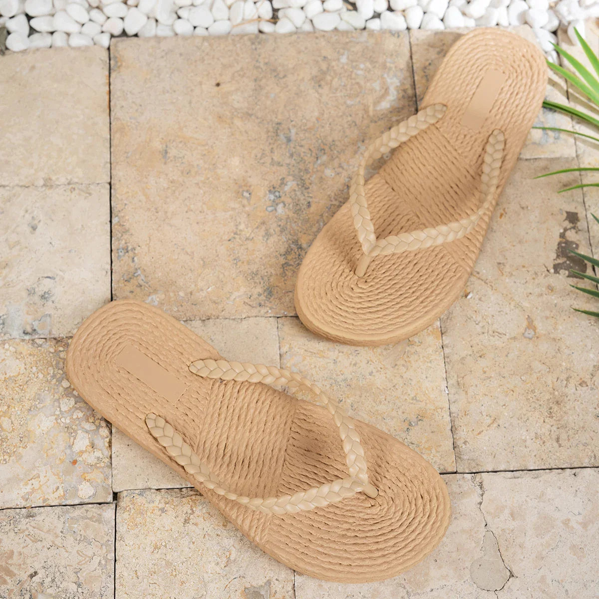 Women's Braided Strap Flip Flops – Open Toe Textured Footbed Flat Summer