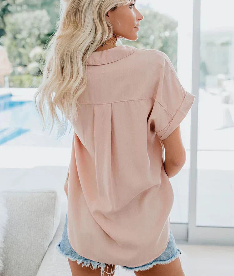 Women's Button Down Shirt – Point Collar Short Sleeve Chest Pocket Casual