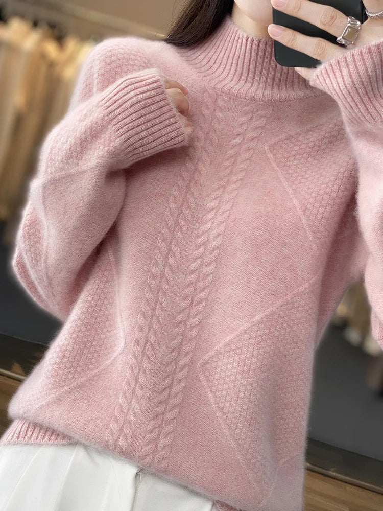 Women's Cable Knit Sweater – Turtleneck Long Sleeve Ribbed Autumn Winter