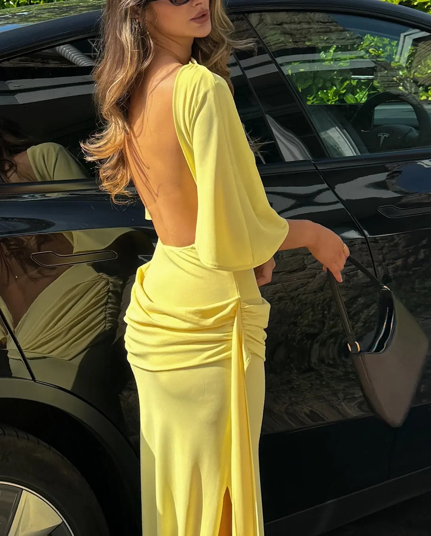 Women's Cape Sleeve Maxi Wedding Guest Dress – Ruched Hip Side Slit