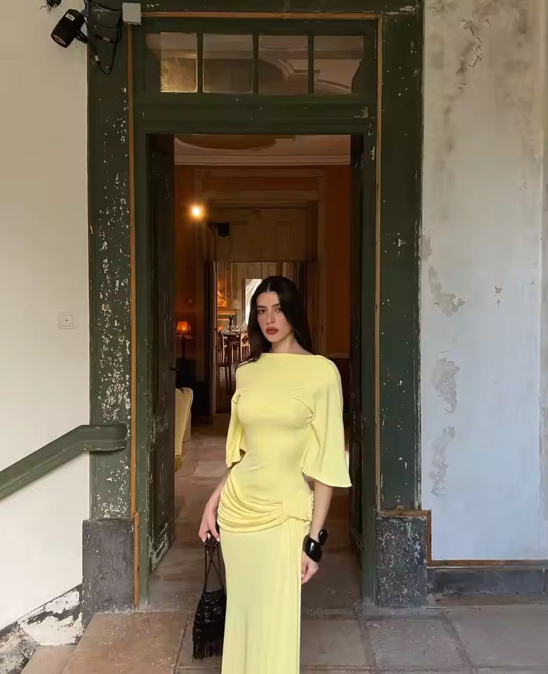 Women's Cape Sleeve Maxi Wedding Guest Dress – Ruched Hip Side Slit