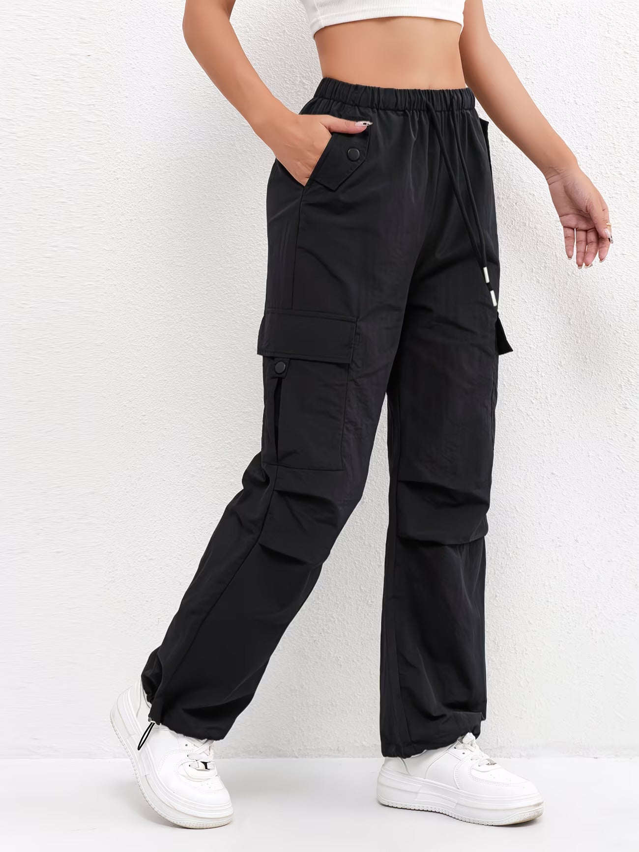 Women's Cargo Parachute Pants – High Waist Drawstring Flap Pocket Casual Street