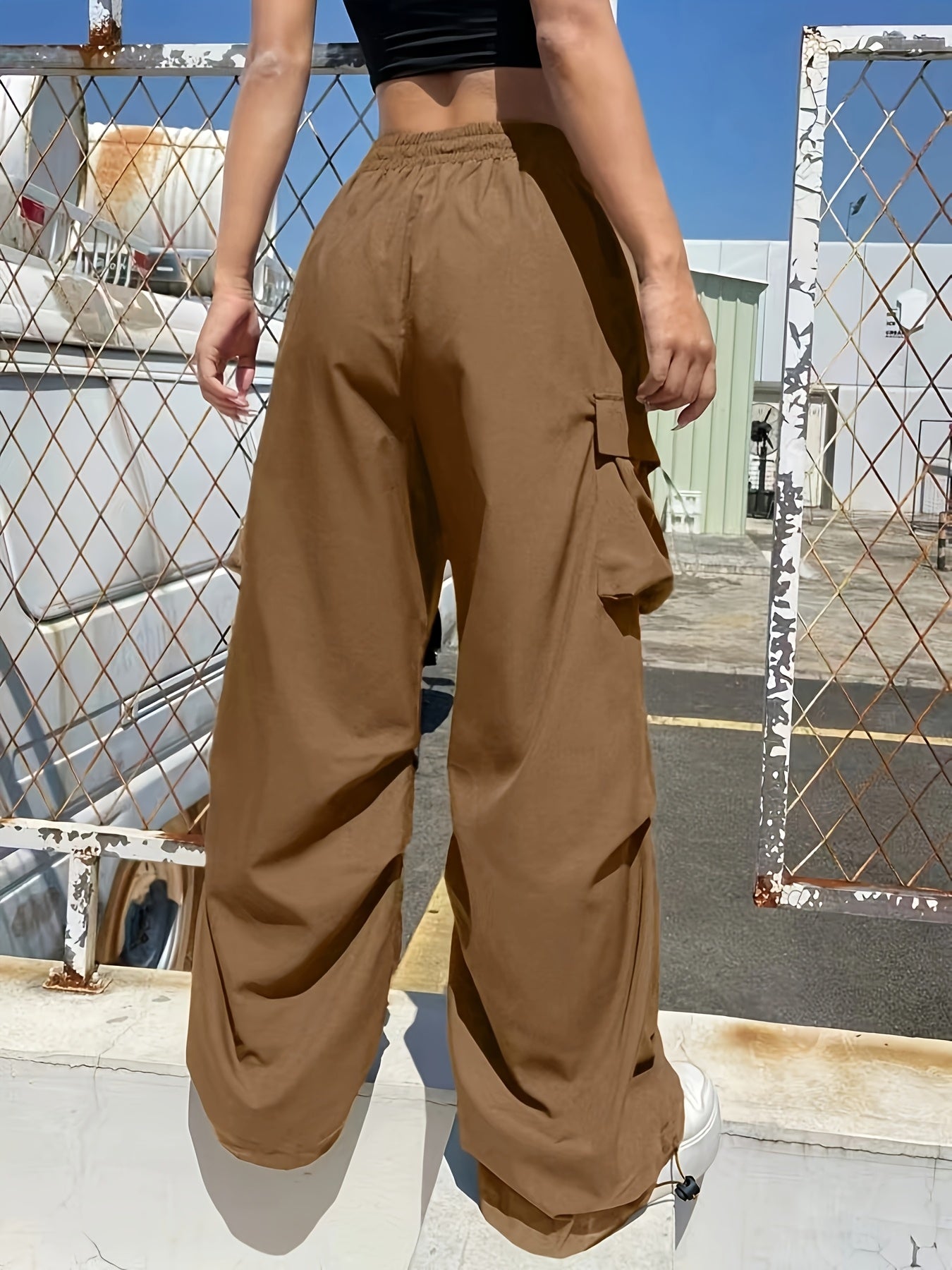 Women's Cargo Parachute Pants – Loose Wide Leg Drawstring Hem Multi Pocket