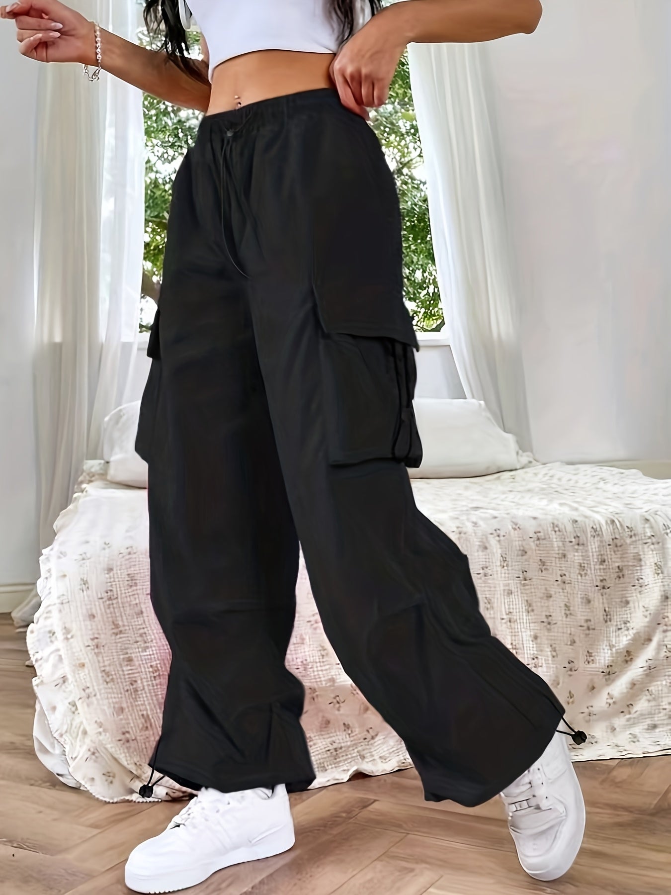 Women's Cargo Parachute Pants – Loose Wide Leg Drawstring Hem Multi Pocket